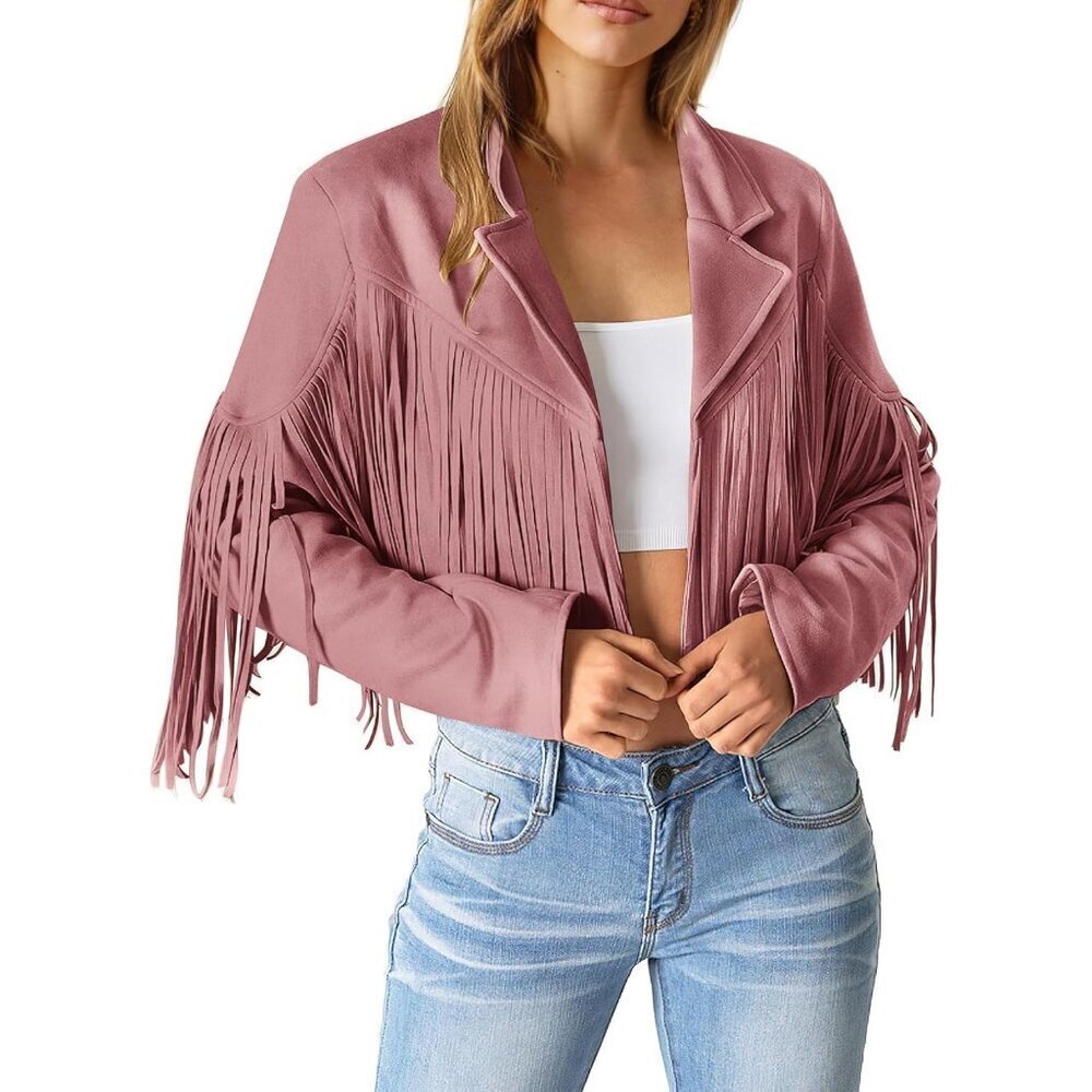 🆕Women's Dark Pink Fringe Faux Suede Leather Jacket Tassel Cropped Fall Coat - Picture 2 of 9